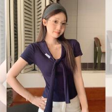 批发已出货韩版假两件披肩v领正肩短袖t恤夏收腰修身显瘦短款辣妹上衣