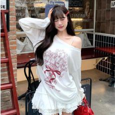 批发已出货 韩系白色印花斜肩长袖T恤女夏宽松防晒罩衫薄款上衣