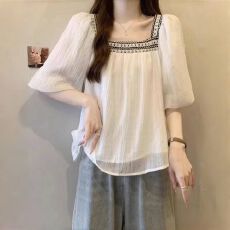 批发官图【原版质量】夏季新款温柔风宽松方领泡泡袖上衣