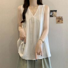 批发已出货 原版锦棉皱纯欲无袖<b class='q'>衬衫</b>女夏季新款V领宽松简约百搭上衣