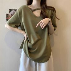 官图6535拉架大码微胖设计感V领短袖T恤上衣女