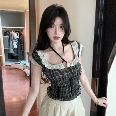 批发已出货 原版韩版甜美减龄少女蕾丝拼接系带格子短袖衬衫打底上衣