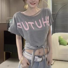 批发已出货 韩版人棉夏季新款纯欲风印花短袖T恤设计系带斜肩上衣女