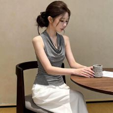 批发已出货 人棉200克韩版堆堆荡领无袖背心女夏季褶皱收腰显瘦上衣