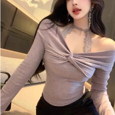 批发已出货德绒假两件蕾丝挂脖长袖针织衫女秋季修身辣妹短款内搭上衣