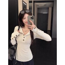 批发已出货 螺纹德绒半开领纽扣长袖T恤打底衫女秋季短款内搭显瘦上衣