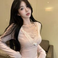 批发1*1德绒纯欲辣妹性感v领上衣女秋冬粉色<b class='q'>加绒</b>蕾丝<b class='q'>打底衫</b>内搭可外穿