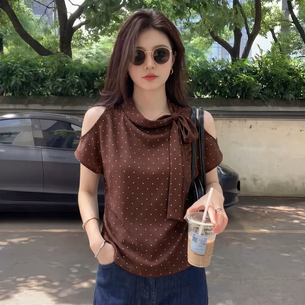 莱雅随心裁美拉德咖色露肩波点短袖T恤女新款夏季修身上衣  服裝批發女裝批發服飾貨源