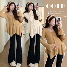 批发实拍 孕妇装V领长袖针织衫时尚穿搭不规则喇叭袖收腰显瘦孕妇上衣