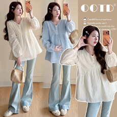 批发实拍2026春款<b class='q'>孕妇装</b>V领设计纯棉刺绣<b class='q'>孕妇</b><b class='q'>小衫</b><b class='q'>上衣</b>大码遮肚娃娃衫