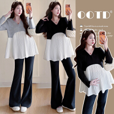 批发实拍2026春款<b class='q'>孕妇装</b>简约V领设计感压褶娃娃衫<b class='q'>孕妇</b><b class='q'>上衣</b>休闲托腹裤