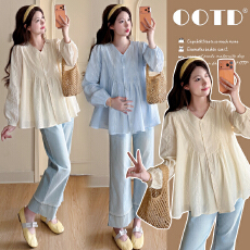 批发实拍 <b class='q'>孕妇</b><b class='q'>春装</b>法式V领设计感甜美刺绣娃娃衫大码显瘦宽松<b class='q'>孕妇</b><b class='q'>上衣</b>