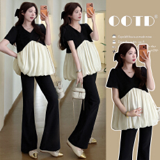 批发实拍 孕妇夏装V领设计显瘦<b class='q'>娃娃衫</b>花苞拼接孕妇上衣微喇托腹裤套装