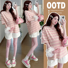 批发实拍 孕妇<b class='q'>夏</b><b class='q'>装</b>圆领甜美条纹纯棉T恤孕妇上<b class='q'>衣</b>显瘦宽松托腹短<b class='q'>裤</b>套<b class='q'>装</b>