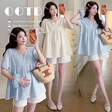 批发实拍 夏装2026孕妇装V领设计感纯棉刺绣孕妇小衫大码遮肚子娃娃衫