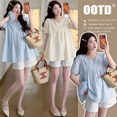 批发实拍 <b class='q'>夏</b>装2026孕妇装V领设计感纯棉刺绣孕妇小衫大码遮肚子娃娃衫