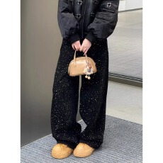 批发美式高街设计感满天星亮钻拼接牛仔裤子女辣妹复古时尚百搭拖地裤