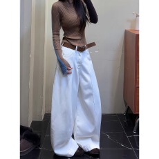 批发美式辣妹宽松慵懒松弛感加绒牛仔裤子女复古小众百搭阔腿拖地长裤