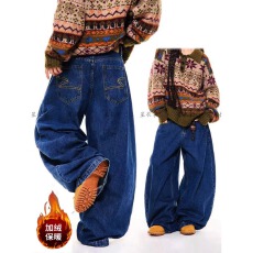 批发美式复古加绒加厚蓝色牛仔裤子女<b class='q'>秋</b>季辣妹宽松慵懒松弛感弯刀长裤