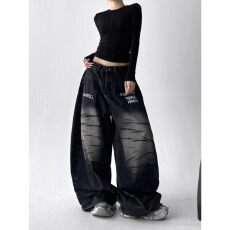 批发<b class='q'>秋</b>冬新款女装爆款美式复古水洗做旧牛仔裤女高级感宽松阔腿裤