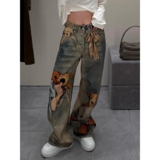 批发美式复古重磅小熊错视印花牛仔裤子女辣妹街头个性潮流拖地长裤潮