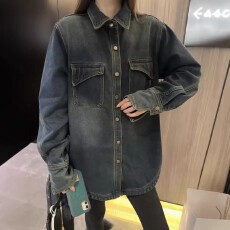 批发欧货复古中长款加绒加厚牛仔衬衫女冬季<b class='q'>休闲</b>宽松叠穿内搭衬衣外套