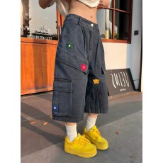 批发大码美式复古花朵刺绣<b class='q'>牛仔</b>七分裤<b class='q'>男</b>女高街vibe宽松阔腿工装<b class='q'>短裤</b>夏