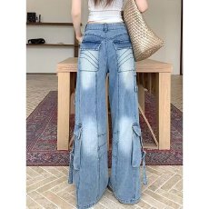 批发美式零三衣社做旧多口袋工装<b class='q'>牛仔裤</b><b class='q'>女</b>2026宽松扎染垂感阔腿拖地裤