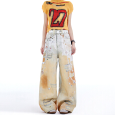 批发美式高街链条印花高街<b class='q'>牛仔裤</b>重工夏季多巴胺宽松阔腿长裤<b class='q'>女</b>男情侣