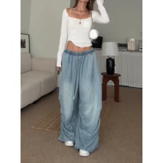 批发美式潮牌宽松系带<b class='q'>牛仔裤</b><b class='q'>女</b>蓝色直筒垂感休闲裤百搭松紧腰阔腿长裤