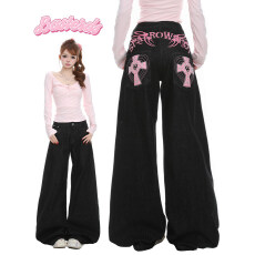 批发美式复古撞色字母印花铆钉<b class='q'>牛仔裤</b><b class='q'>女</b>春夏高街设计感阔腿裤<b class='q'>长</b>裤情侣