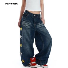 批发潮流牛仔很忙星星<b class='q'>牛仔裤</b>百搭水洗做旧弯刀休闲裤男<b class='q'>女</b>小众宽松长裤