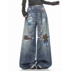 批发美式高街五角星破洞<b class='q'>牛仔裤</b>男<b class='q'>女</b>春夏水洗做旧嘻哈宽松直筒阔腿长裤