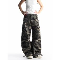 批发美式高街军绿迷彩工装牛仔<b class='q'>裤</b>女直筒宽松复古<b class='q'>嘻哈</b>风高腰阔腿<b class='q'>裤</b>