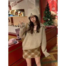 BLUEBERRY韩系通勤套头女翻领小V显瘦简约纯色针织上衣套头