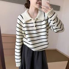 批发2026早春韩版通勤风气质<b class='q'>韩国</b>东大门个性条纹休闲减龄针织上衣