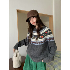 批发灰色费尔岛毛衣外套女初<b class='q'>春</b>季2025新款新年穿搭慵懒风针织开衫上衣