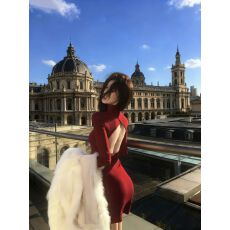 批发新年红色高领露背<b class='q'>长袖</b>连衣裙女秋冬季辣妹修身打底包臀生日短裙子