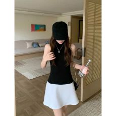 批发【巴黎旧约】法式性感辣妹挂脖无袖<b class='q'>连衣裙</b>女<b class='q'>黑白</b>撞色拼接绝美短裙