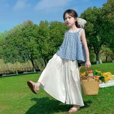 批发甜美蕾丝无袖花边格子背心女大童夏季新款宽松吊带上衣长裤两件套