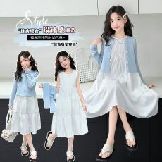 批发<b class='q'>女</b><b class='q'>童</b>夏装<b class='q'>连衣裙</b>2026新款儿童夏季亲子防晒开衫女孩白色长裙两件套