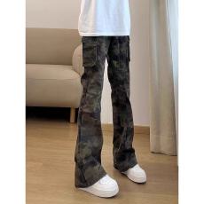 批发美式工装复古男款牛仔裤高腰微喇裤迷彩做旧百搭修身直筒长裤子
