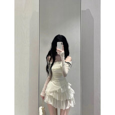 批发创峰纯欲甜辣套装裙修身显瘦长袖一字肩上衣女辣妹高腰蛋糕半身裙