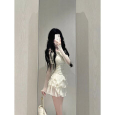 批发创峰纯欲甜辣套装裙修身显瘦长袖一字肩上衣女辣妹高腰蛋糕半身裙