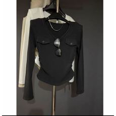 批发V领<b class='q'>加绒</b><b class='q'>打底衫</b>女2025冬季新款韩版口袋洋气百搭显瘦垫肩T恤上衣