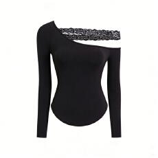 批发2025秋冬新款黑色边斜蕾丝花肩<b class='q'>小衫</b>女韩系纯欲辣妹修身长袖T恤