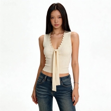 批发2026夏季胸前系带花边V领新款上衣女春季法式辣妹修身<b class='q'>百搭</b>上衣女