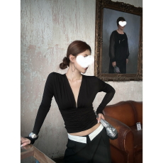 批发春夏季新款纯欲风辣妹修身显瘦深<b class='q'>V领</b>褶皱设计长袖T恤女上衣外穿