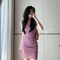 批发2026气质夏季新品女装无袖圆领弹力腰身褶皱饰蕾丝短裙<b class='q'>连衣裙</b>女