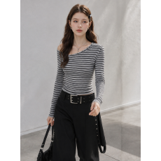 批发2026秋季新款美式辣妹风斜肩铆钉条纹拼接长袖<b class='q'>T</b><b class='q'>恤</b>修身显瘦上衣女